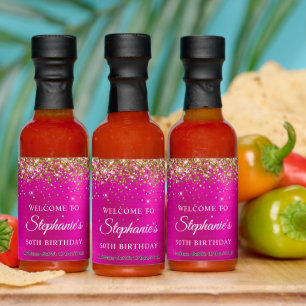 Gold Glitter Hot Pink Foil 50th Birthday Welcome Hot Sauces