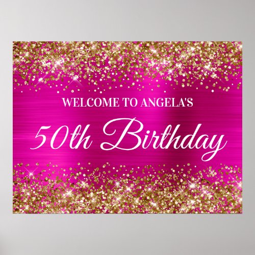 Gold Glitter Hot Pink Foil 50th Birthday Welcome Poster