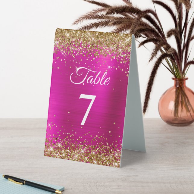 Gold Glitter Hot Pink Foil Elegant Table Number Tent (In SItu (Table))