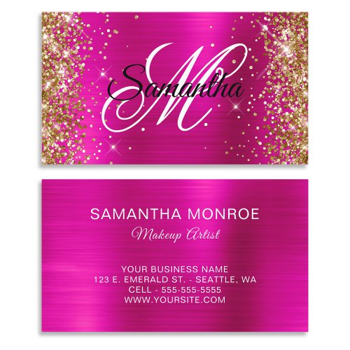 Gold Glitter Hot Pink Foil Fancy Monogram Business Card