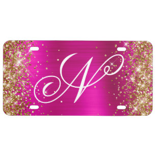 Gold Glitter Hot Pink Foil Fancy Monogram License Plate
