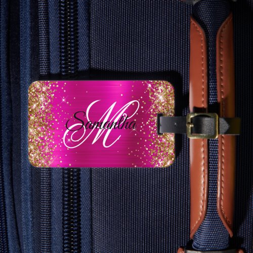 Gold Glitter Hot Pink Foil Fancy Monogram Luggage Tag