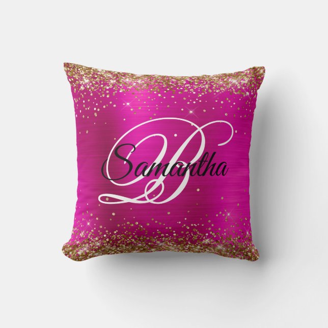 Gold Glitter Hot Pink Foil Fancy Monogram Throw Pillow (Front)
