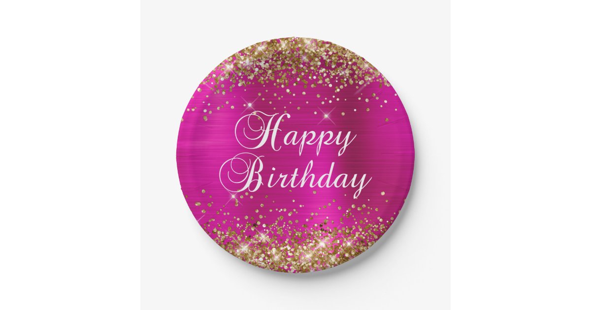 Gold Glitter Hot Pink Foil Happy Birthday Paper Plates | Zazzle