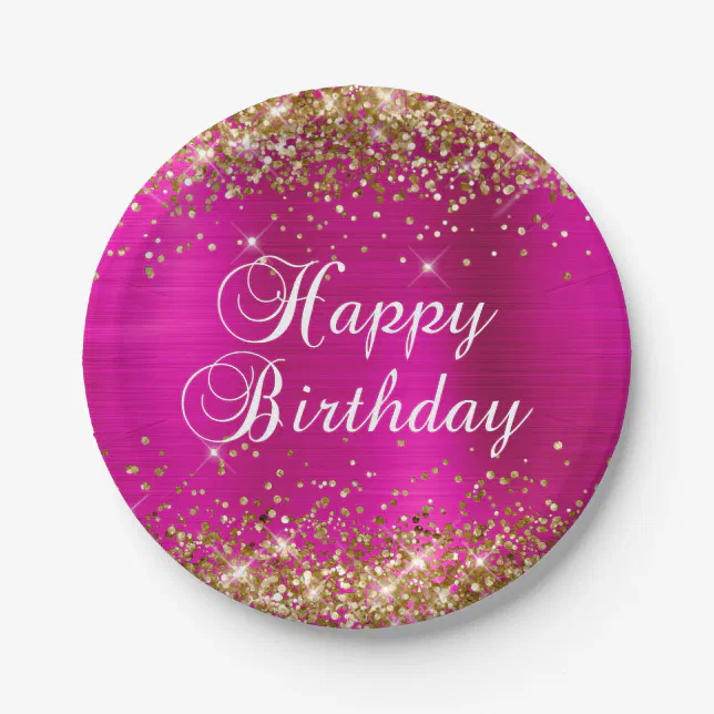 Gold Glitter Hot Pink Foil Happy Birthday Paper Plates | Zazzle