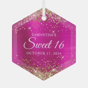 Gold Glitter Hot Pink Foil Sweet 16 Glass Ornament
