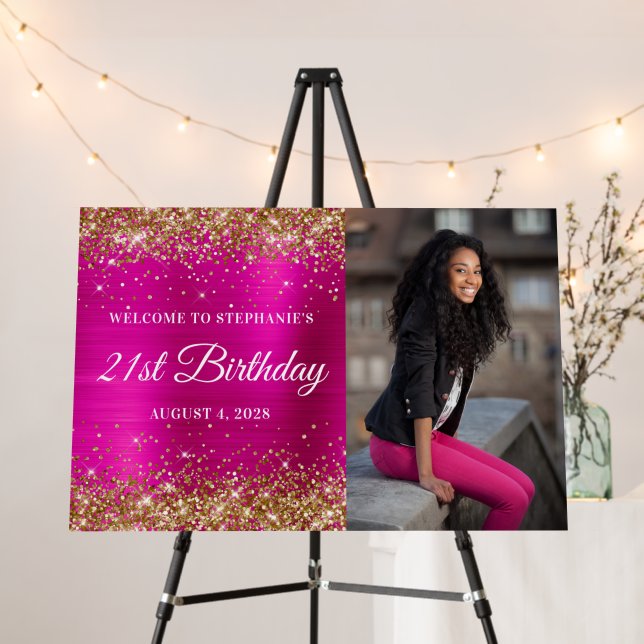Gold Glitter Hot Pink Foil Welcome 21st Birthday Foam Board (In Situ (Stand))