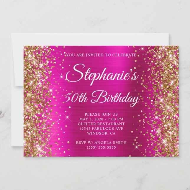 Gold Glitter Hot Pink Monogram 50th Birthday Invitation (Front)
