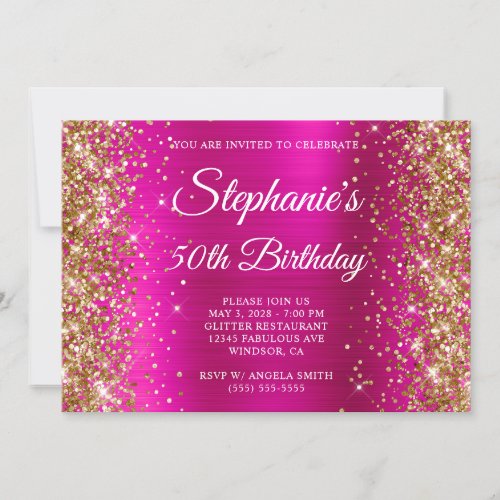 Gold Glitter Hot Pink Monogram 50th Birthday Invitation