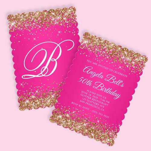 Gold Glitter Hot Pink Monogram 50th Birthday Invitation