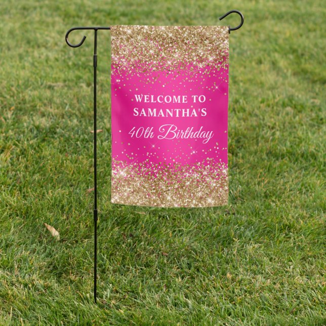 Gold Glitter Hot Pink Ombre 40th Birthday Garden Flag (In SItu)