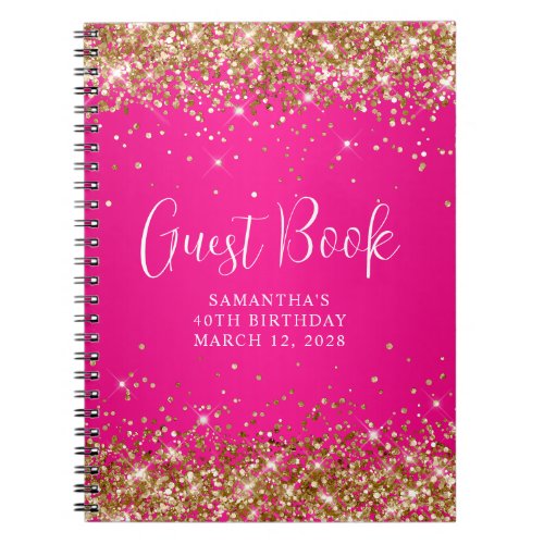 Gold Glitter Hot Pink Ombre 40th Birthday Guest Notebook