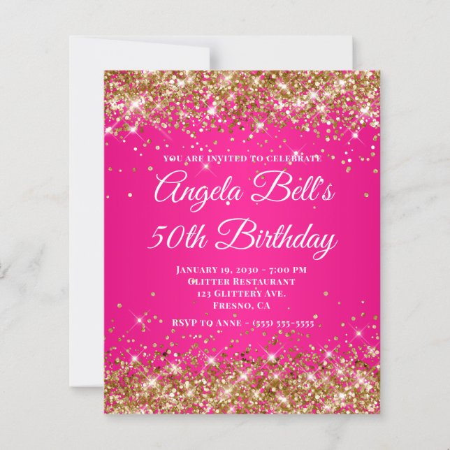 Gold Glitter Hot Pink Ombre Fancy Monogram (Front)