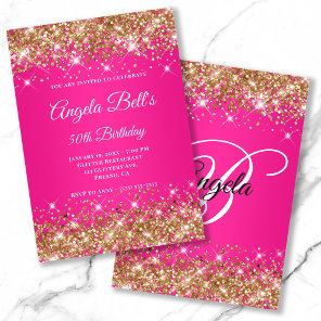 Gold Glitter Hot Pink Ombre Fancy Monogram Invitation