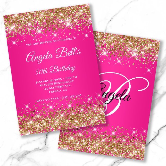 Gold Glitter Hot Pink Ombre Fancy Monogram Invitation (Creator Uploaded)