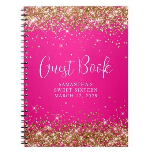 Gold Glitter Hot Pink Ombre Sweet 16 Guest Notebook