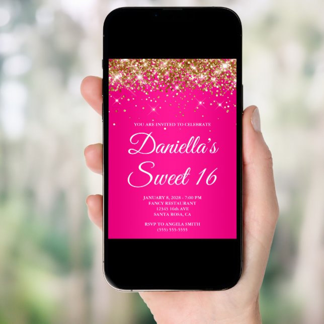 Gold Glitter Hot Pink Ombre Sweet 16 Invitation (Front Digital)
