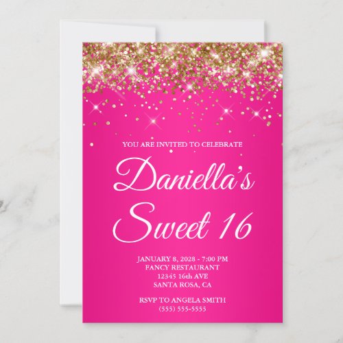 Gold Glitter Hot Pink Ombre Sweet 16 Invitation