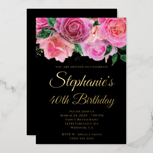 Gold Glitter Hot Pink Rose Black 40th Birthday Foil Invitation