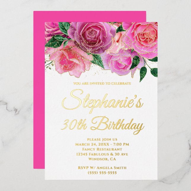 Gold Glitter Hot Pink Rose Glam 30th Birthday Foil Invitation (Front/Back)