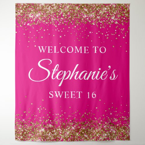 Gold Glitter Hot Pink Sweet 16 Birthday Welcome Tapestry