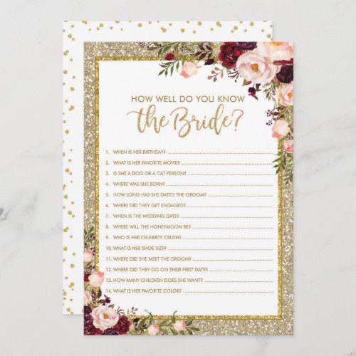 Gold Glitter How Well You Know Bride Game Card