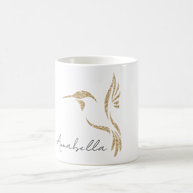 Gold Glitter Hummingbird and Custom Name Coffee Mug (Center)