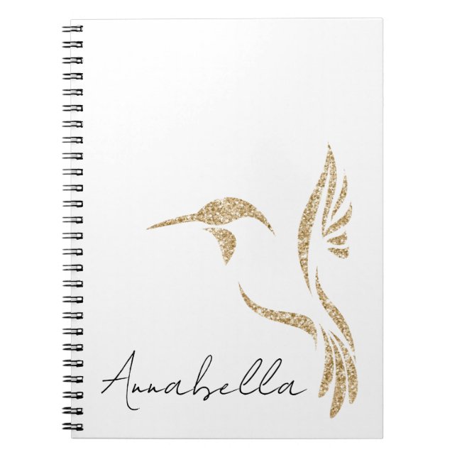 Gold Glitter Hummingbird and Custom Name Notebook (Front)
