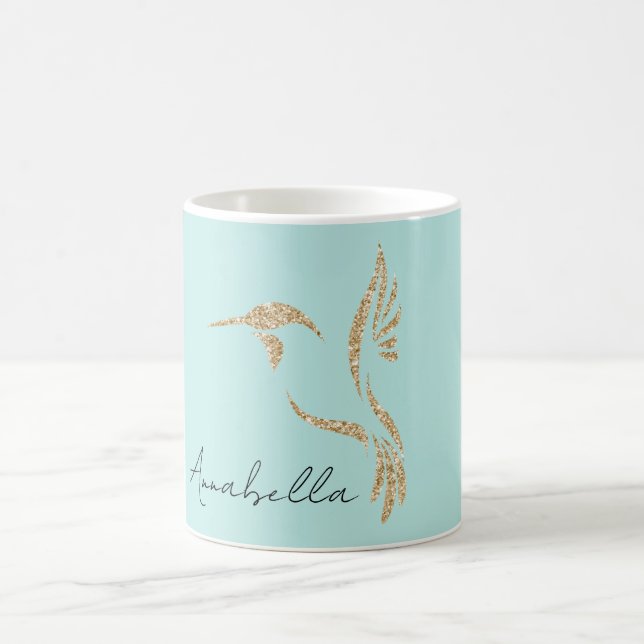 Gold Glitter Hummingbird and Custom Name on Teal Coffee Mug (Center)