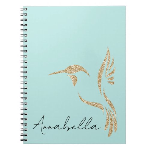 Gold Glitter Hummingbird and Custom Name on Teal Notebook