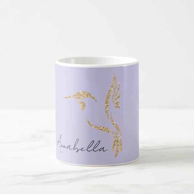 Gold Glitter Hummingbird & Custom Name on Lavender Coffee Mug (Center)