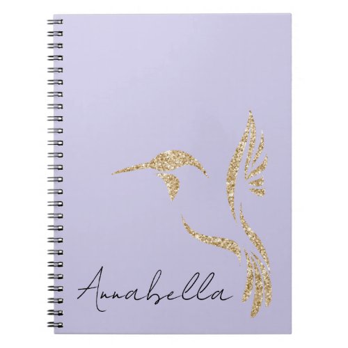 Gold Glitter Hummingbird  Custom Name on Lavender Notebook