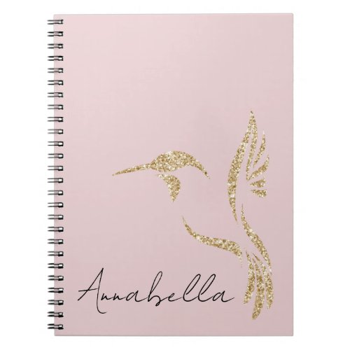 Gold Glitter Hummingbird  Custom Name on Pink Notebook