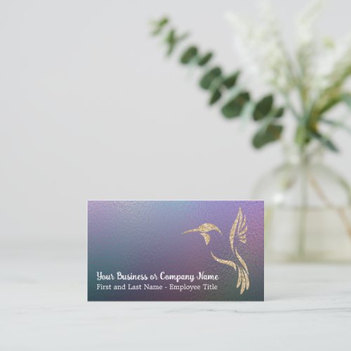Gold Glitter Hummingbird on Dark Holographic Business Card