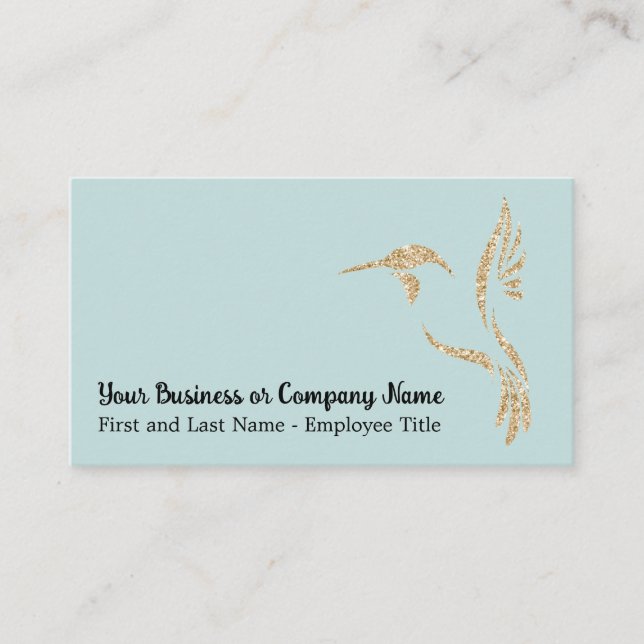 Gold Glitter Hummingbird on Light Teal Business Card (Front)
