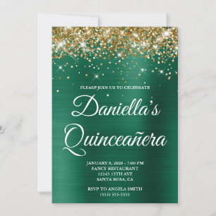 Gold Glitter Hunter Green Foil Quinceañera Invitation
