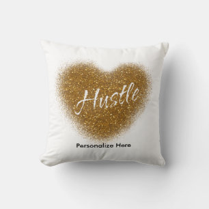 Gold Glitter HUSTLE Heart Glamour Throw Pillow