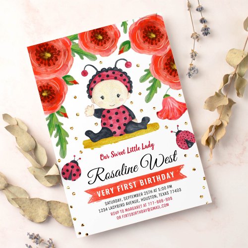 Gold Glitter I Ladybug Watercolour First Birthday Invitation