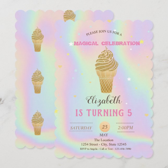 Gold Glitter Ice cream Holographic Birthday Invitation (Front/Back)