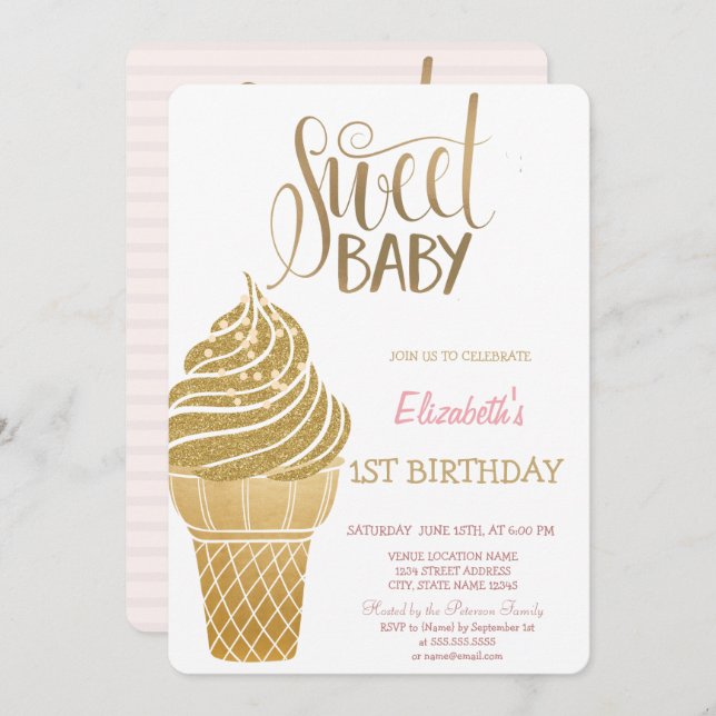 Gold Glitter Ice Cream Striped Birthday Invitation (Front/Back)