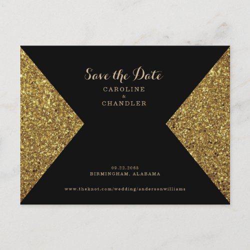 Gold Glitter Image  Black Glam Save the Date Postcard