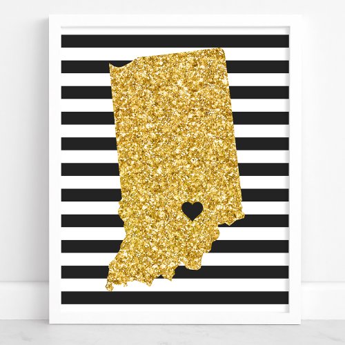 Gold Glitter Indiana State Black And White Stripes Poster