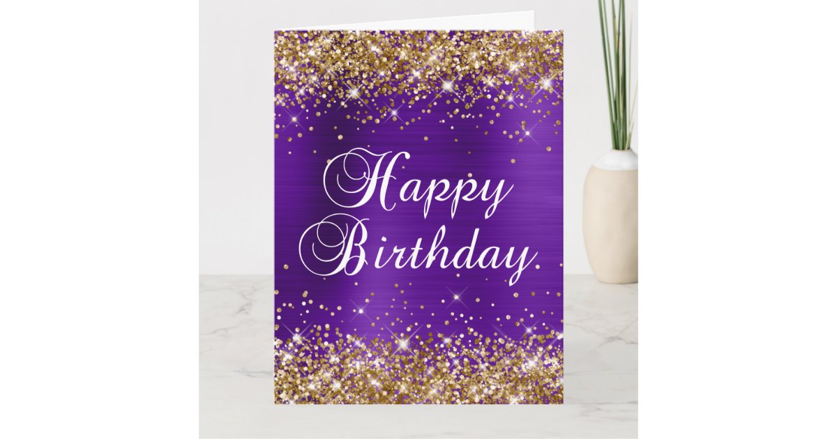 Gold Glitter Indigo Purple Foil Big Happy Birthday Card | Zazzle