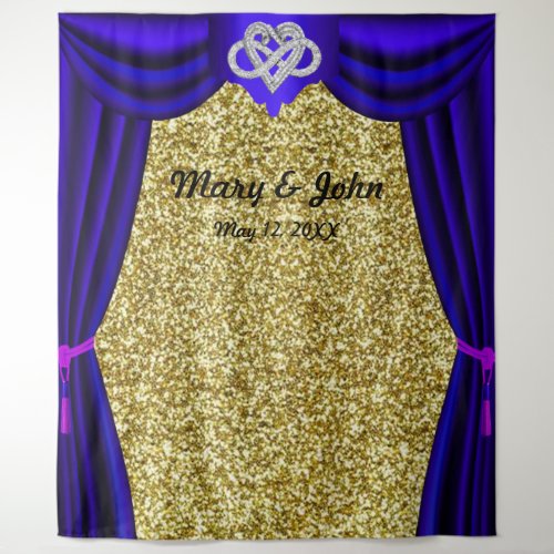 Gold Glitter Infinity Heart Blue Curtain Backdrop