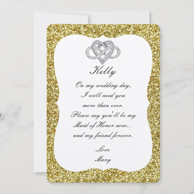 Gold Glitter Infinity Heart Maid Of Honor Card (Front)