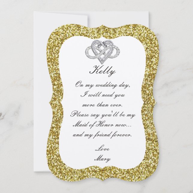 Gold Glitter Infinity Heart Maid Of Honor Card (Front)