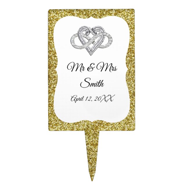 Gold Glitter Infinity Heart Wedding Cake Topper (Front)