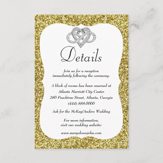 Gold Glitter Infinity Heart Wedding Details Enclosure Card (Front)