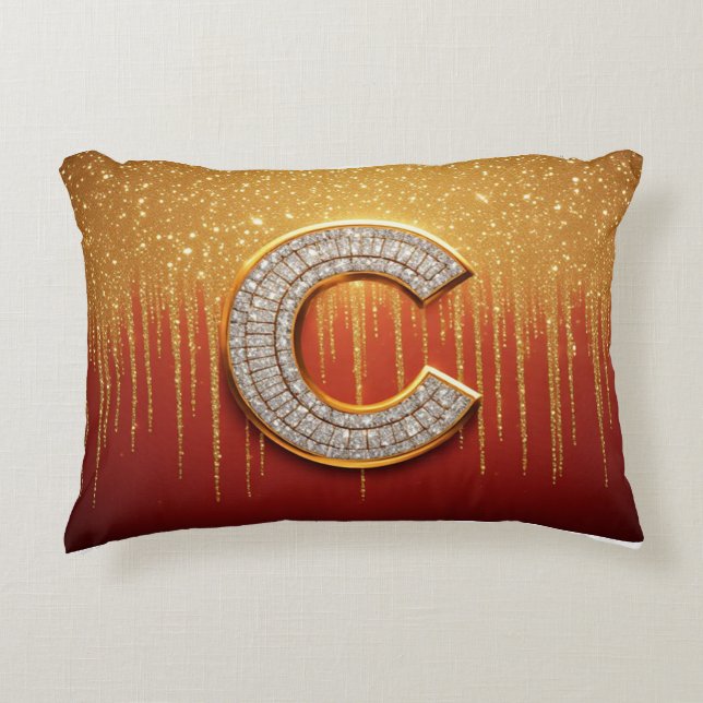 Gold Glitter Initial Letter C Monogram Gift Accent Pillow (Front)