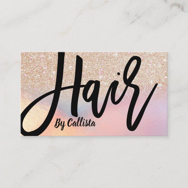 Gold Glitter Iridescent Holographic Hair Stylist Business Card (Front)